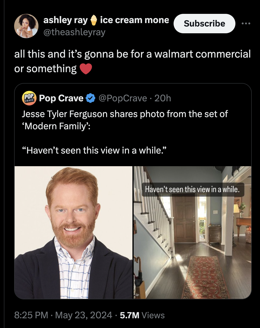 screenshot - ashley ray ice cream mone Subscribe all this and it's gonna be for a walmart commercial or something Pop Crave 20h Jesse Tyler Ferguson photo from the set of 'Modern Family' "Haven't seen this view in a while." Haven't seen this view in a whi